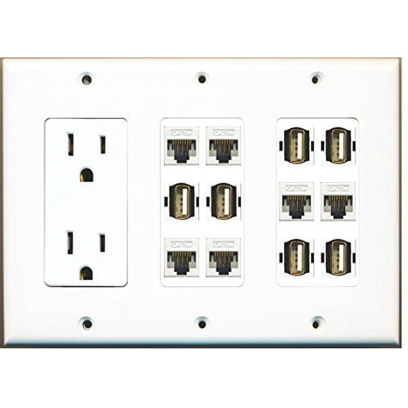 RiteAV - (3 Gang 15A Power Outlet 6 Cat5e White 6 USB A-A Wall Plate White