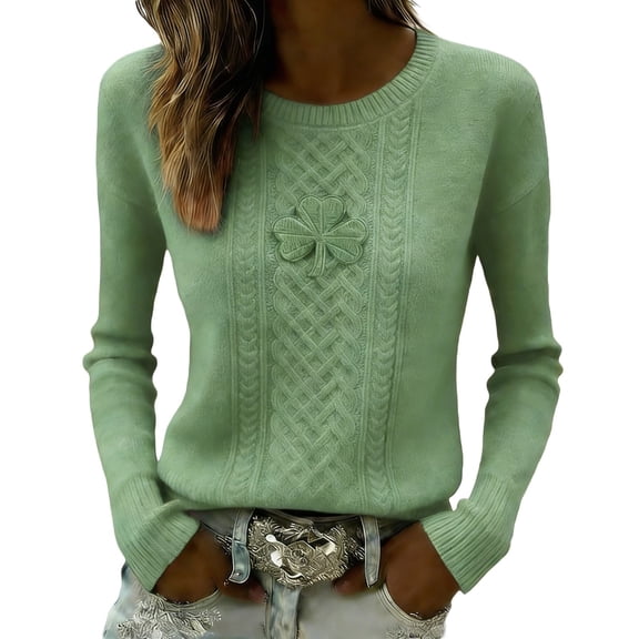Laipiong St. Patrick's Day Sweaters for Women Trendy Shamrock Embroidered Cable Knit Crewneck Sweatshirts Cozy Comfy Irish Loose Tops