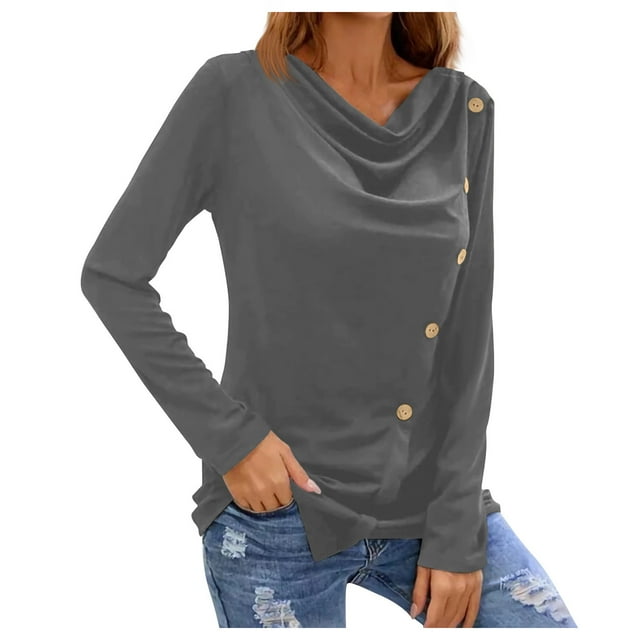 FAIWAD Women's Casual Tunic Tops Long Sleeve Button Down Solid Color Spring Summer Loose Slim Tops