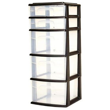 KriKac Plastic 5 Clear Drawer Medium Home Organization Storage Container Tower with 3 Large Drawers and 2 Small Drawers, Black Frame