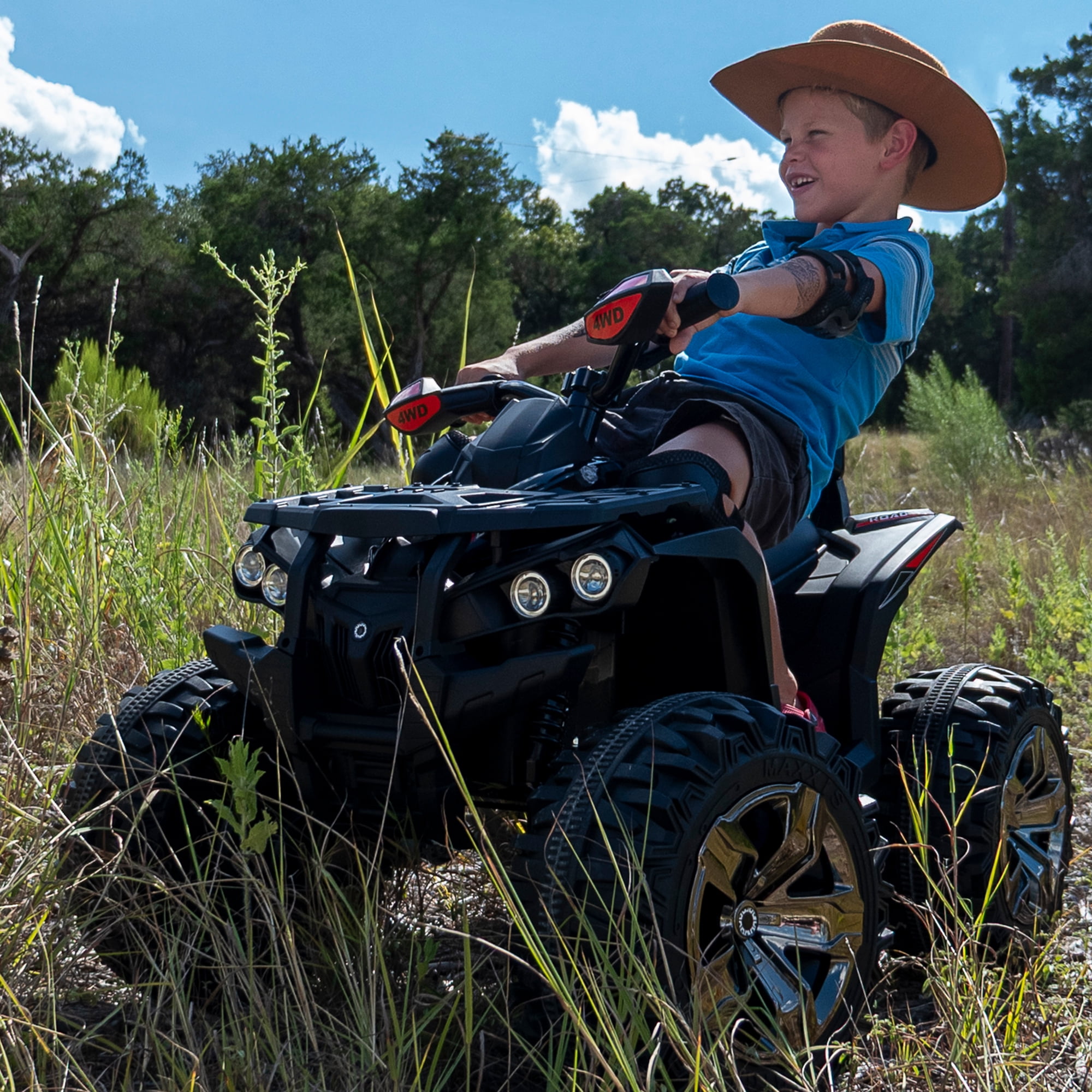 4 Wheeler for Kids, Joyracer 4WD Electric Atv for Kids, 24 Volt Ride on Toys, Outdoor Gift with 800W Motor, Bluetooth Music, Horn, LED, Black