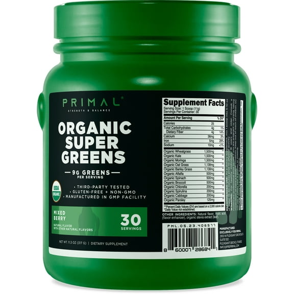Primal Organic Super Greens (30 Servings) (Mixed Berry Flavor) - Gluten Free   NON-GMO