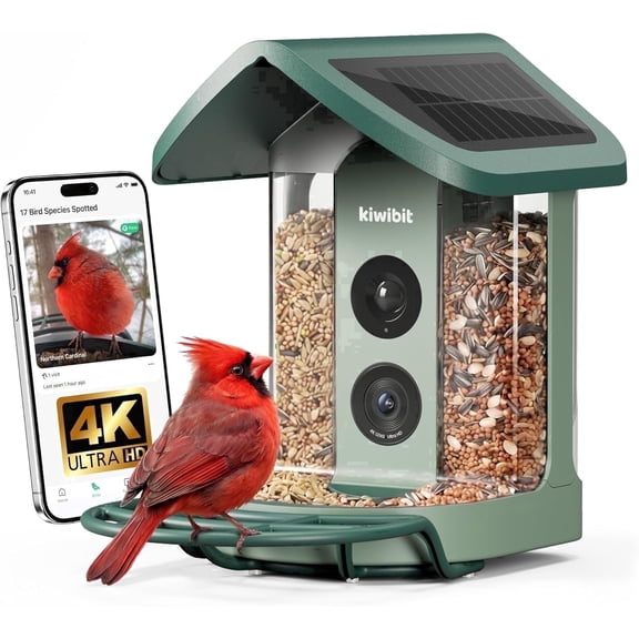 Kiwibit Solar Smart Bird Feeder with Camera, 8MP 4K UHD Video, Long Battery Life, AI Identify 10000  Species, Ideal Gifts for Bird Lovers, Green