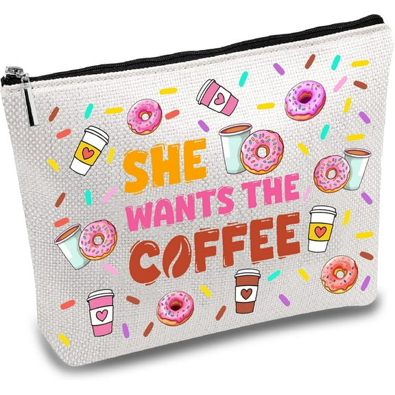 Donuts Coffee Makeup Bags for Women Travel Cosmetic Bag Zipper Pouch Multi Purpose Case Toiletry Packing Purse Storage Bag Organizer for Friend Daughter Gifts 10x7Inch-She Wants The Coffee Colorful
