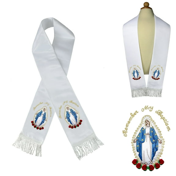 Satin Stole Baptism Christening Silver Gold Embroidered Virgin Mary Santa Maria