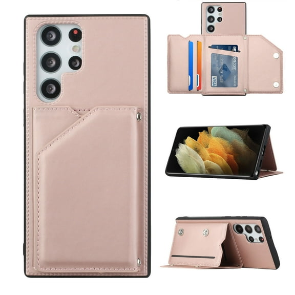 Allytech Galaxy S22 Ultra Case with Wallet, PU Lether Magnetic Clasp Cards Slots Kickstand Shockproof Protective Back Flip Case Wallet Cover for Samsung Galaxy S22 Ultra 5G - Rosegold
