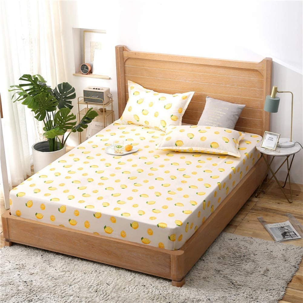 Kids Lemon Bedding Set King Size Girls Bright Yellow Fresh Fruit Bed Sheet Set For Children Teens Bedroom Decorative Cute Cartoon Lemons Pattern Fitted Sheet With 2 Pillow Case Soft Bed Cover 