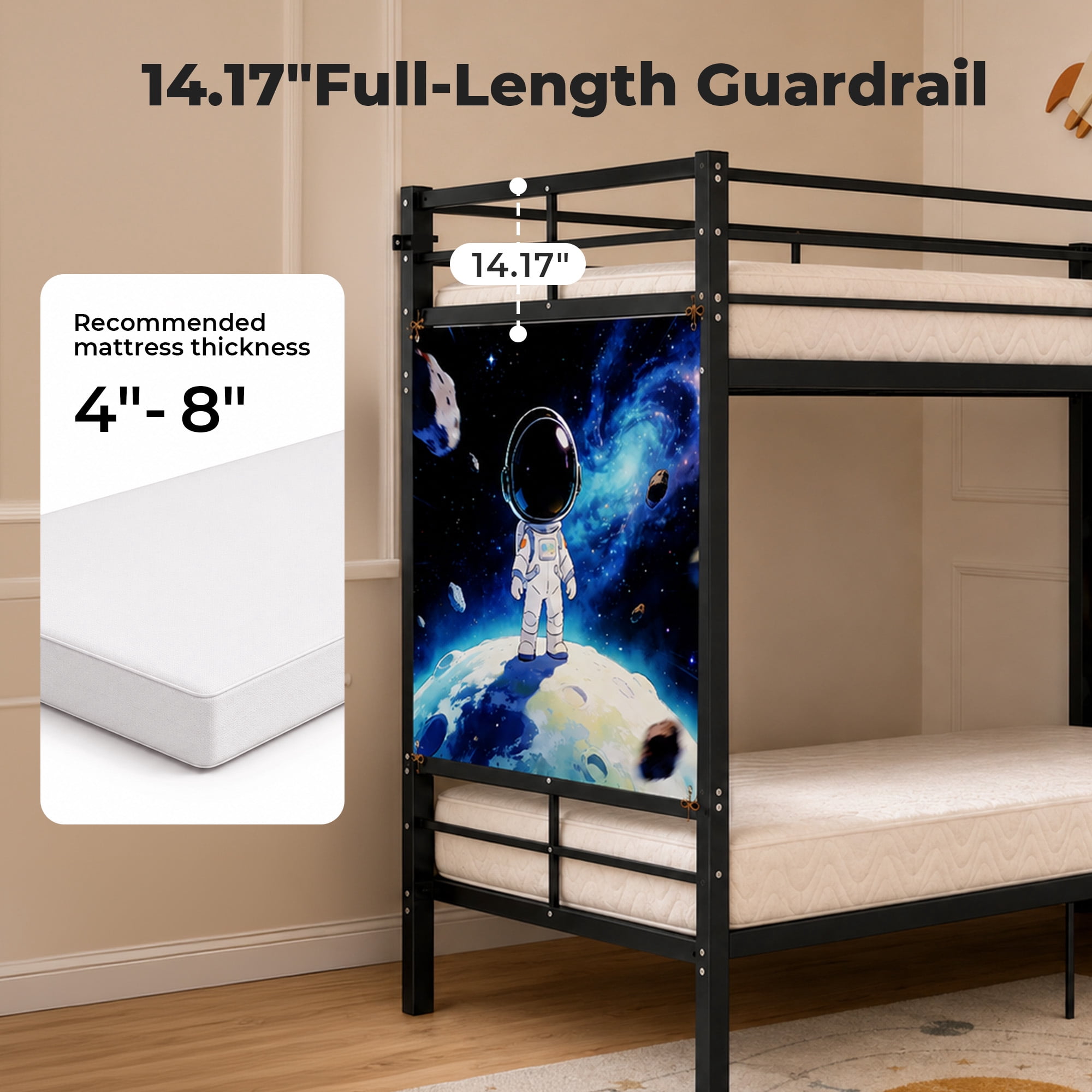 Alvantor Bunk Bed Twin over Twin, Metal Bunk Bed for Kids with Ladder and Wall Painting Black