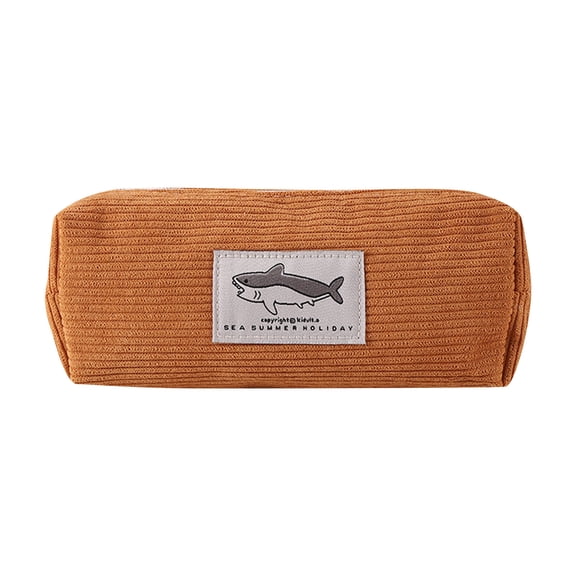 Shark Embroidery Stationery Storage Bag, Animal Design Zippered Pencil Case, Desk Organizer for Pens and Markers, Light Brown