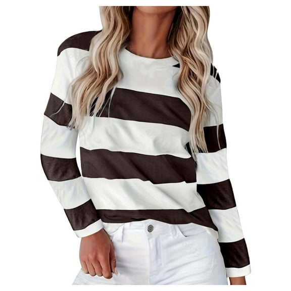 Blouses for Women Novelty Trendy Striped Color Block Long Sleeved Crew Neck Tunics Stretch Comfy Relaxed Fit 2025 Basic Tees