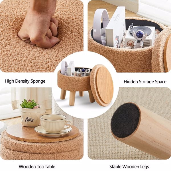 Storage Ottoman, Modern Round Footrest with Soft Padded Seat, Teddy Velvet Footstool with Wood Legs, Accent Small Table or Plant Stand for Hallway, Living Room (Champagne)