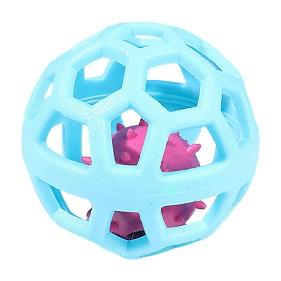 YaoZQ 2-in-1 Dog Chew Toy, Durable TPR Hollow Ball with Inner Spiky Teether, Dental Health Cleaning for Puppies, 3.54 in, Blue