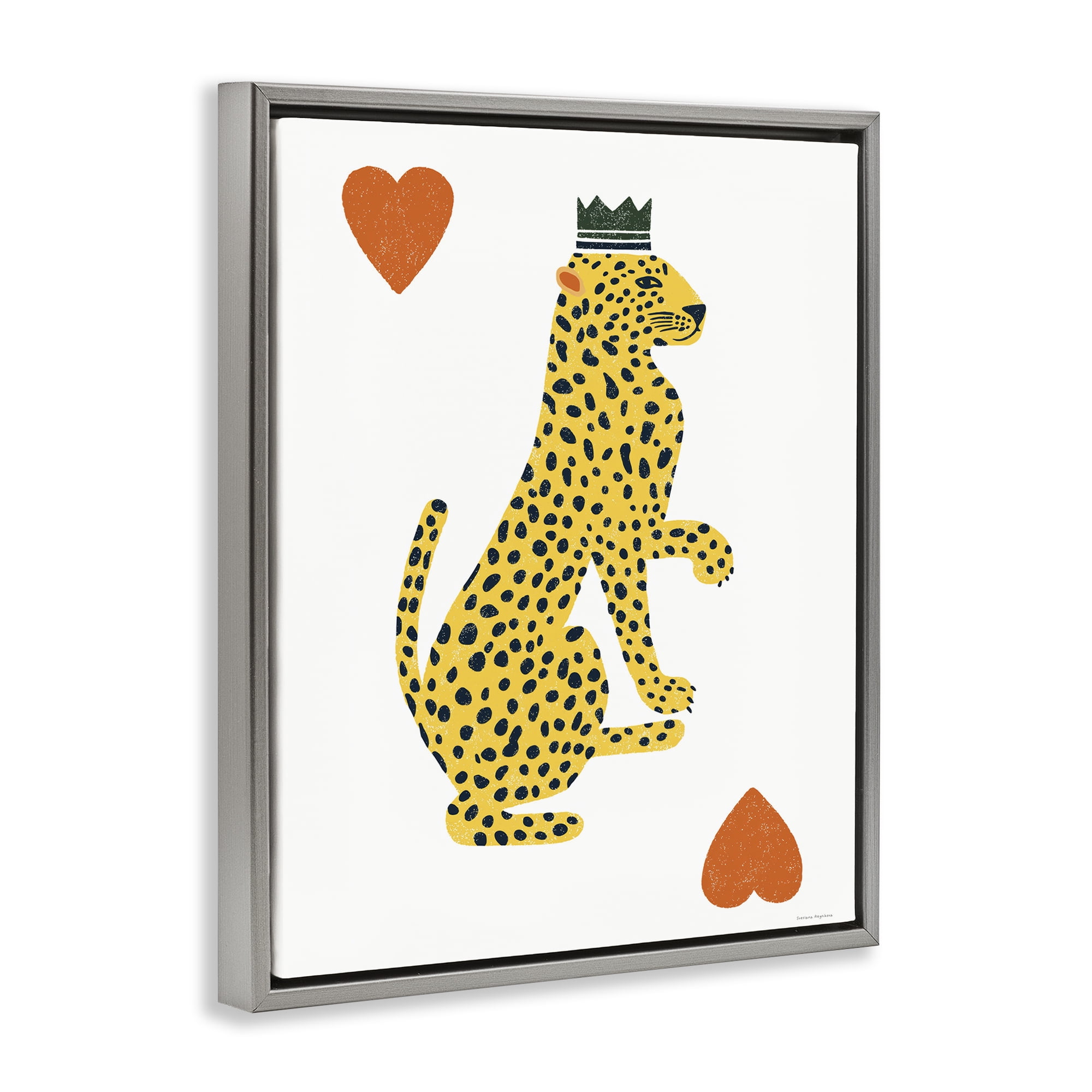 Leopard & Hearts Card Gray Framed Floater Canvas Wall Art, design by Svetlana Aleynikova