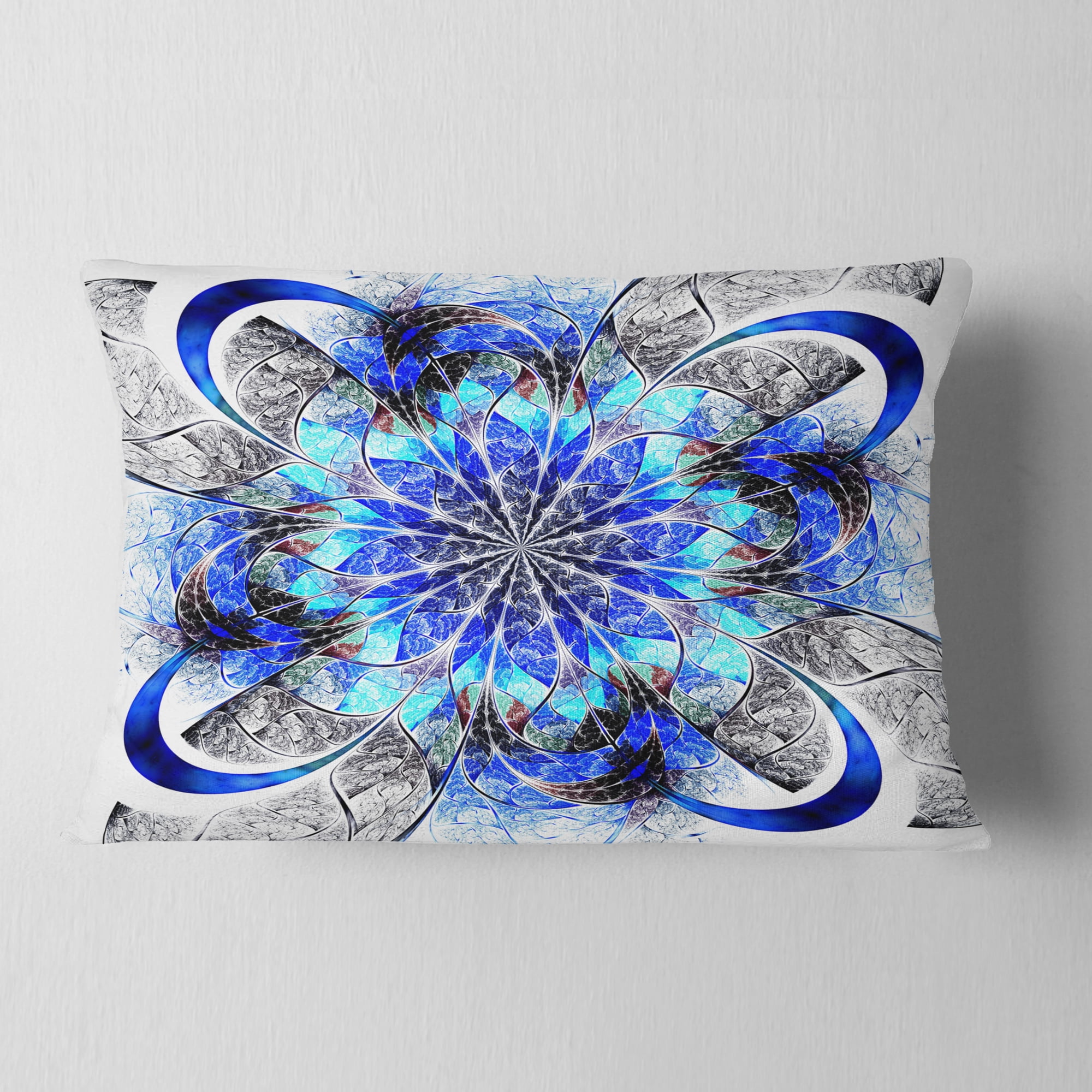 Designart Symmetrical Blue Fractal Flower - Abstract Throw Pillow - 12x20
