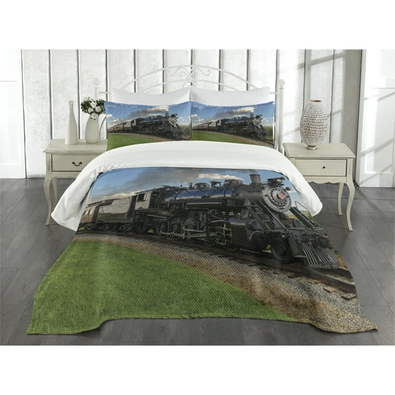 Ambesonne Steam Engine Quilted Bedspread Set 3 Pcs, Countryside Train, King Size, Blue Green Black