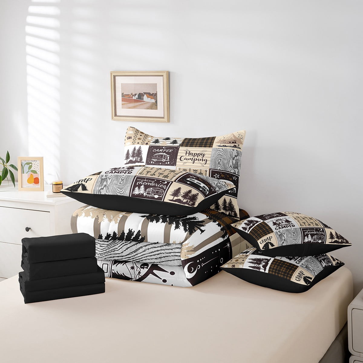 Camper Full Comforter Set 7 Piece For Bunk Travel Trailers,Rustic Plaid Camping Car Bed In A Bag Camping Accessories Bedding Set For Rv Camper,Country Cabin Lodge Bed Set Brown Beige
