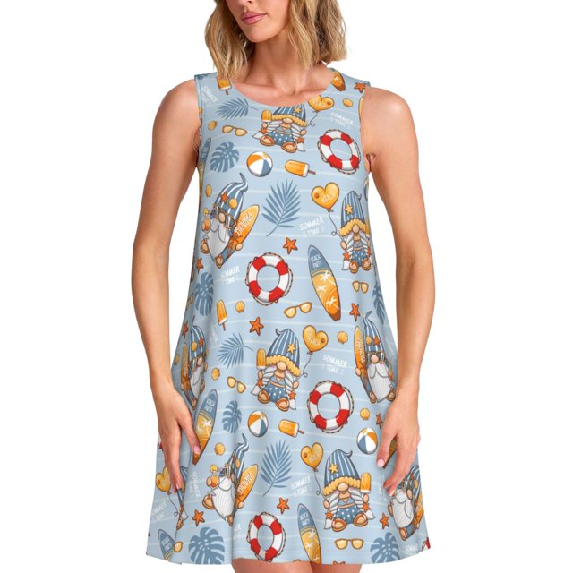 Disketp Summer Time With Gnome para Vestido sin Mangas para Mujeres, Vestidos de Verano para Mujeres, Casual y Holgado para la Playa