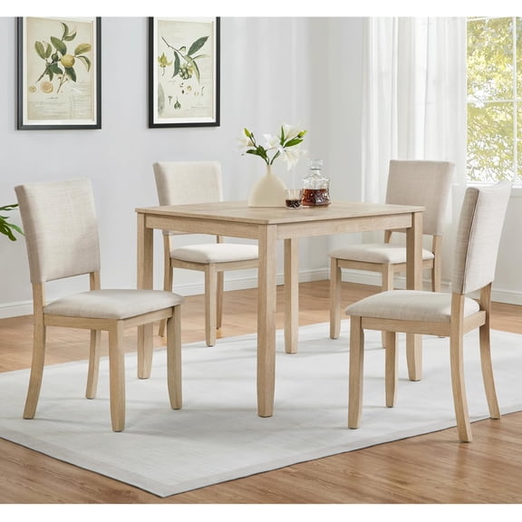 LJAN Modern 5-Piece Wooden Dining Table Set,Small Space 34.5" Square Kitchen Table & 4 Upholstered Seats Chairs,Compact Apartment Dining Set,Light Oak Beige