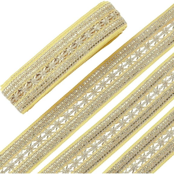 10 Yards 2 Inch Gold Jacquard Ribbon Trim Tape Floral Embroidered Ribbons Flower Embroidery Metallic Woven Gimp Braid Fabric Applique Trimming for Sewing Making Crafts Clothes Costume DIY