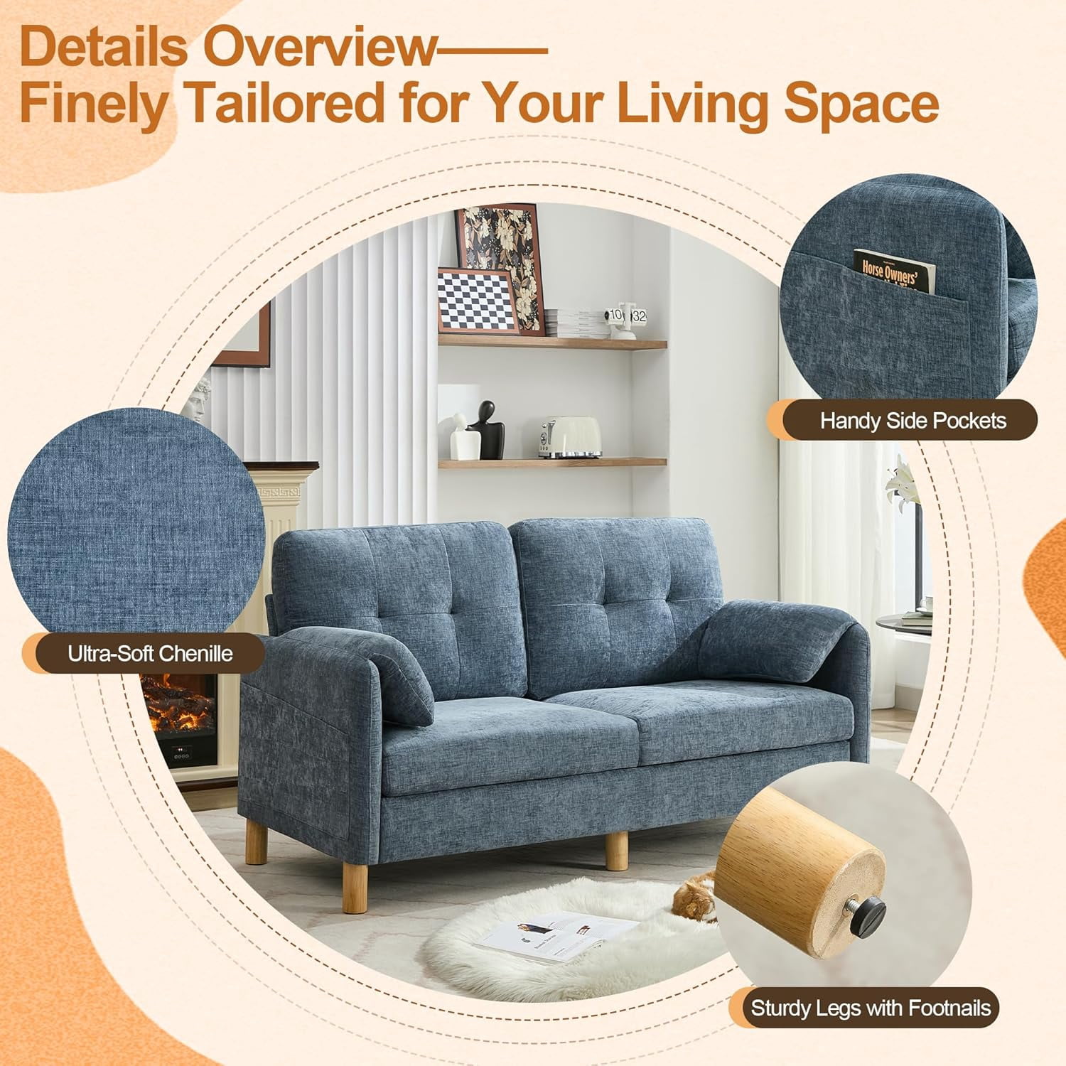 65" Chenille Loveseat Sofa, Modern 2-Seater Love Seat Couch with Armrest Pillows,Upholstered Tufted Loveseat Couches for Living Room Bedroom, Blue