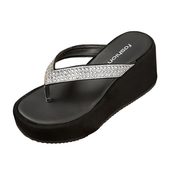 CYMMPU Women's Rhinestone Flip Flops, Open Toe Platform Wedge Thong Sandals, Slip Resistant Summer Beach Outdoor Casual Slip On Shoes Black 36