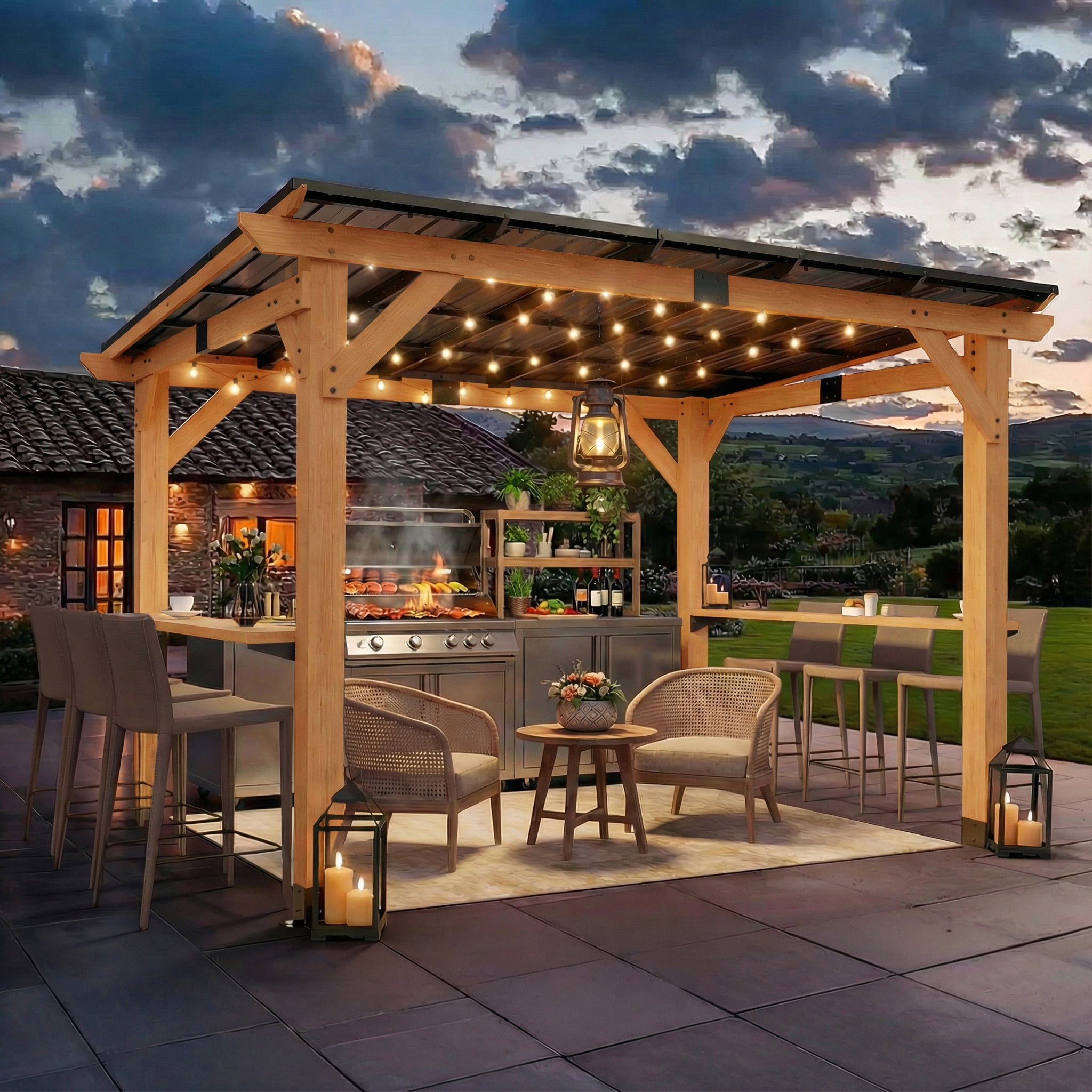 CHARMELEON Grill Gazebo 8 x 10 FT, Cedar Wood Hardtop Gazebo with Galvanized Steel Roof, Built-in Side Shelves, Heavy-Duty Frame for Backyard, Deck, Lawn