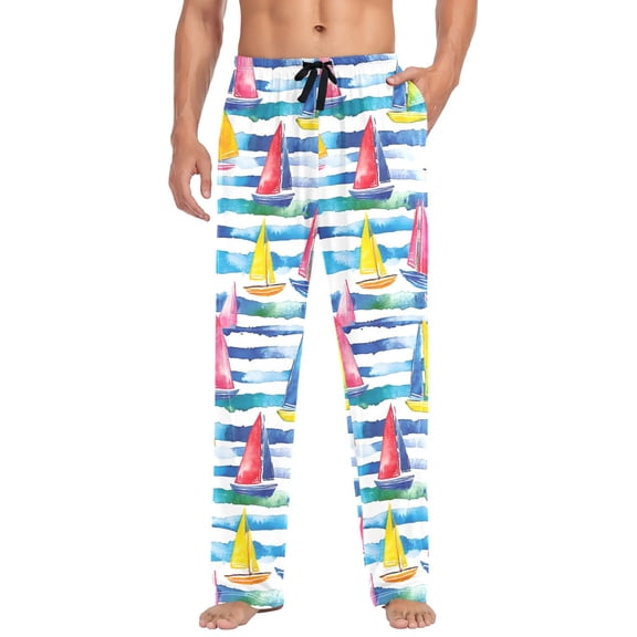 FORMRS Mens Pajama Pants with Pockets Sleepwear Lounge Bottoms Sizes S-2XL, Yellow Hand Drawn Sailboats