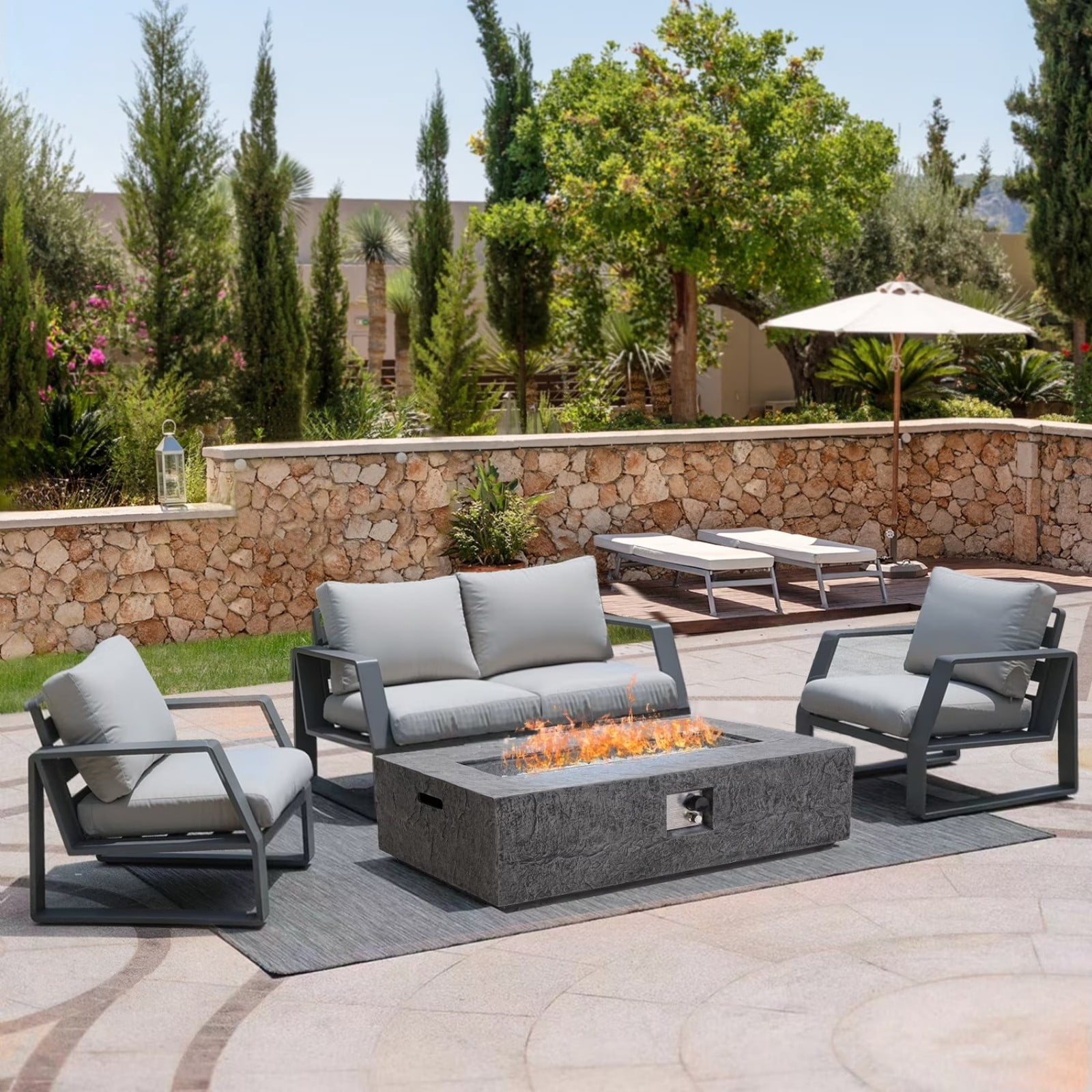 48" Patio Terrazzo Fire Pit Table, 50,000 BTU Outdoor Rectangle Gas Fire Table, Concrete Fire Pit Coffee Table for Backyard, Patio, Deck, Gray