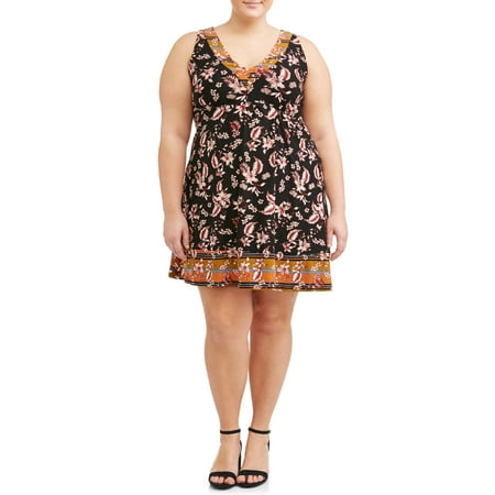 Juniors' Plus Sleeveless Trapeze Dress with Built In Bra