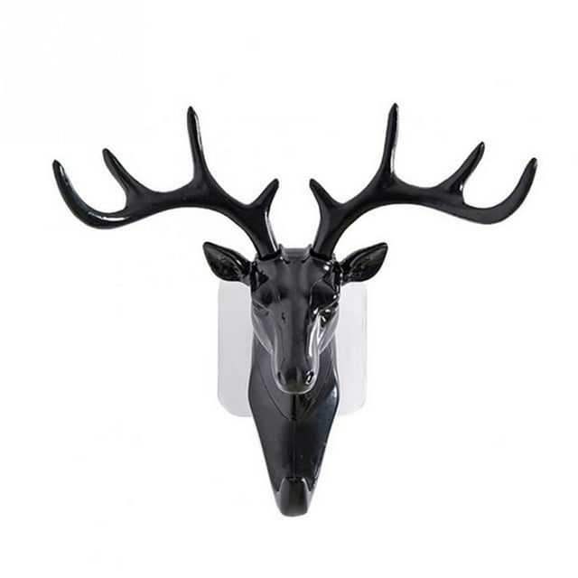 Langgg Deer Head Plastic Wall Hang Hook Hat Bag Key Jewelry Rack Home Decor Adhesive Black 1Set