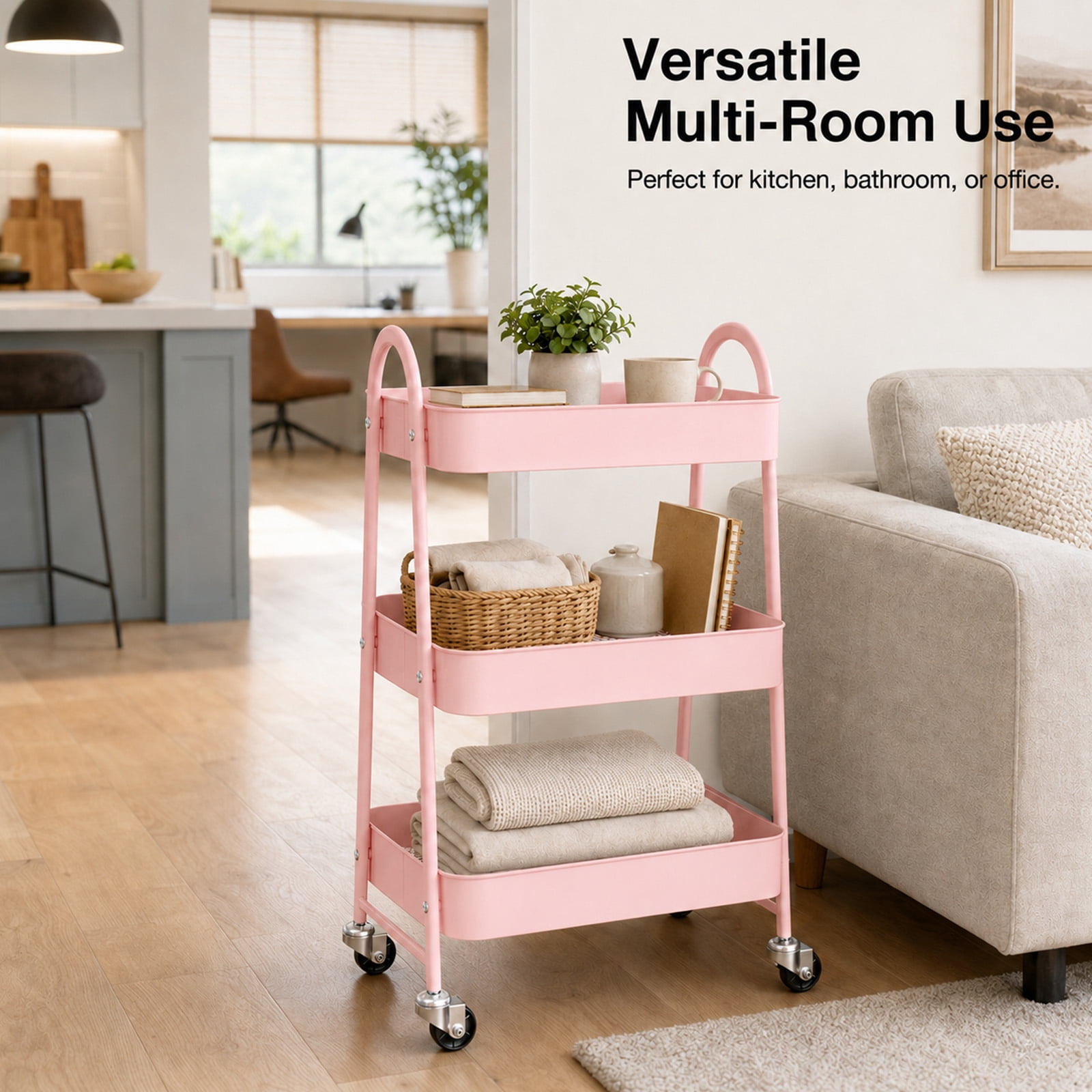 Alvantor 3-Tier Rolling Cart, Metal Rolling Utility Cart with Lockable Wheels, Multi-Functional Heavy Duty Storage Cart Organizer for Bathroom, Kitchen, Living Room, Office