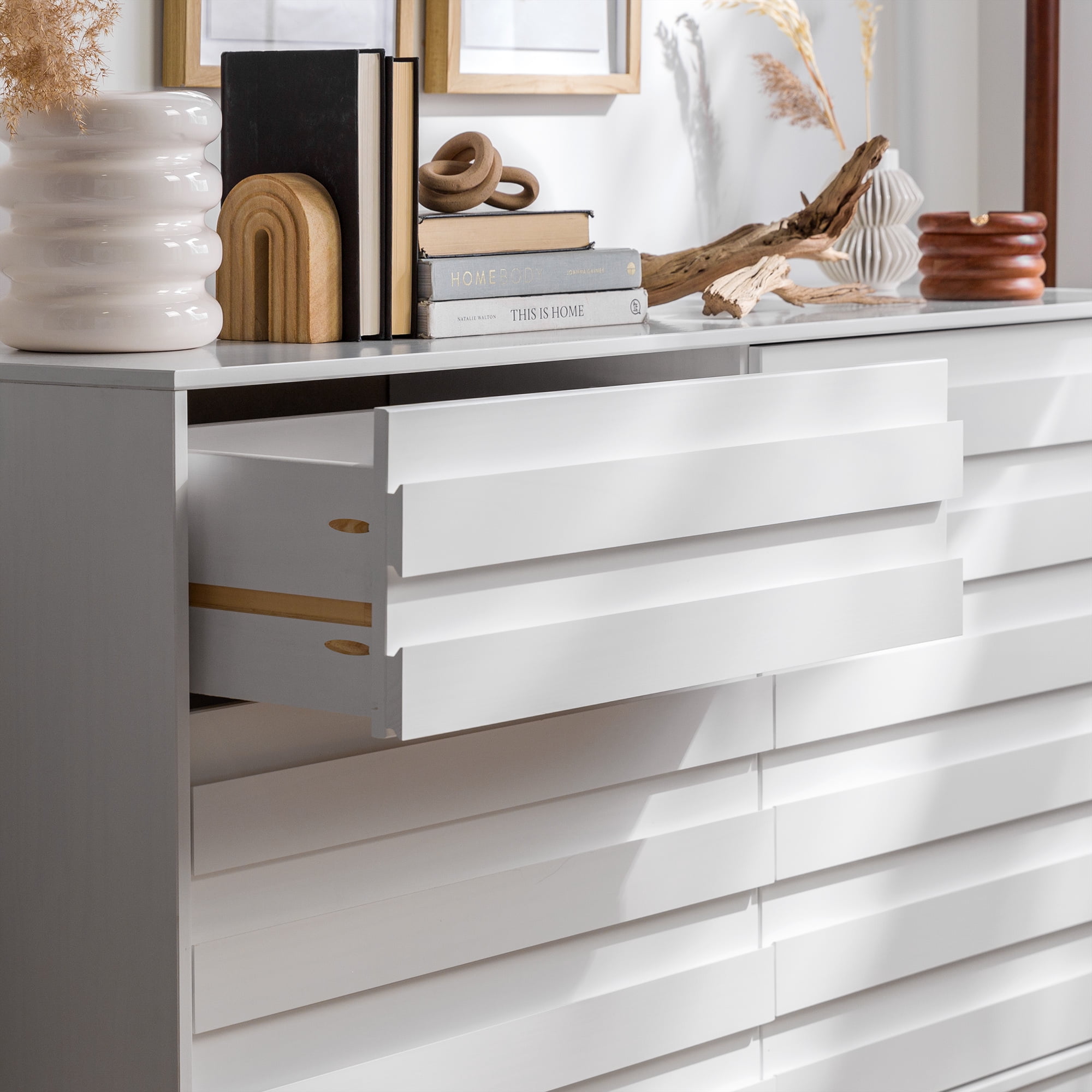 Walker Edison Modern Beveled 6 Drawer Dresser, White