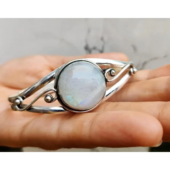 Natural Moonstone Gemstone 925 Sterling Silver Jewelry Cuff Bracelet Size-ADJ
