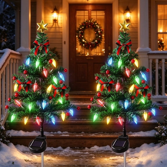 Solar Christmas Tree, 3.5 ft Solar Mini Christmas Tree Decorations Lights with 20 LED Light, Solar Christmas Lights for Yard Front Porch Pathway Holiday Decor, 2 Pack