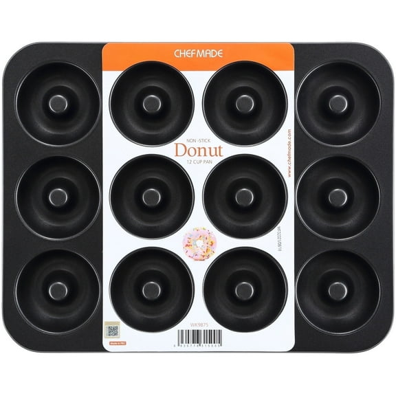 CHEFMADE Non-Stick Donut Pan, 12-Cavity Ring Doughnut Baking Pan(Black)