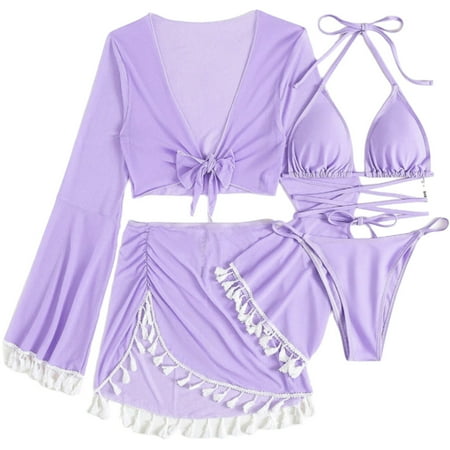 WREESH Women s 4-Piece Bikini Set Fashion String Thong Swimsuit with Tassel Mesh Cover-Up & Fringe Mini Skirt Purple