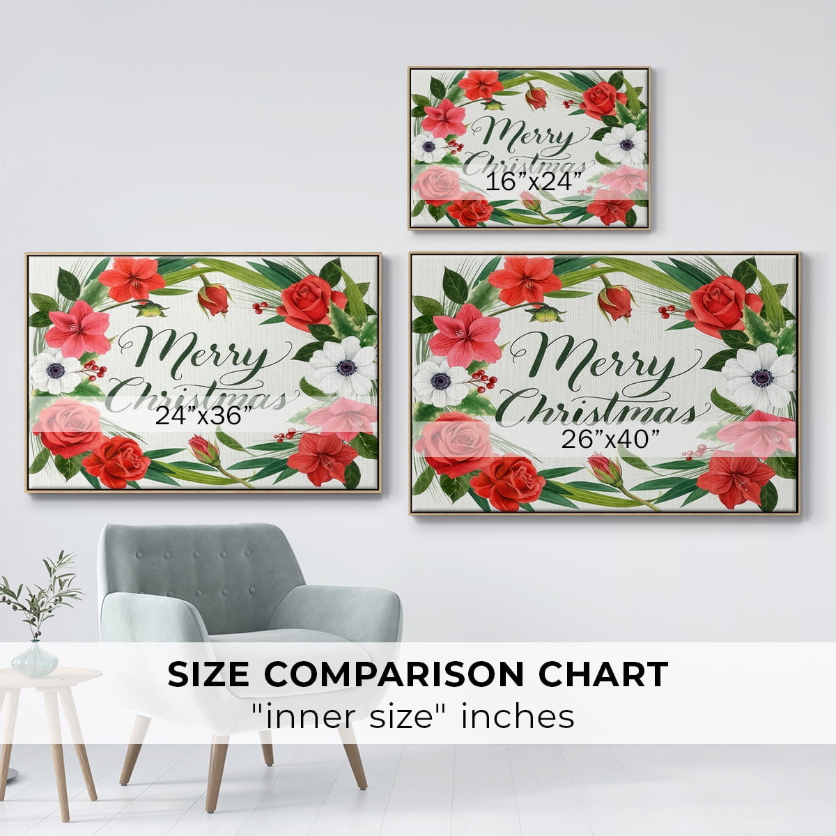Christmas Flora Wreath Collection A - Framed Gallery Wrapped Holiday Canvas - 17 x 25 - Natural Wood Frame