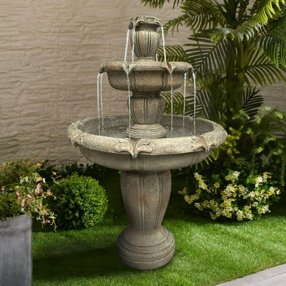 48-Inch Tall Outdoor Decorative 3-Tiered Concrete Relaxation Fountain