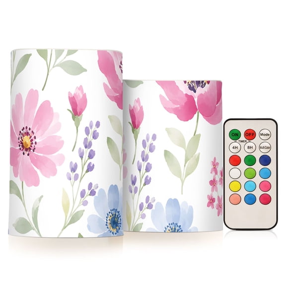 Floral Pink Blue Flameless Candles Flickering with Remote and Timer Battery Operated LED Pillar Candle Set of 2