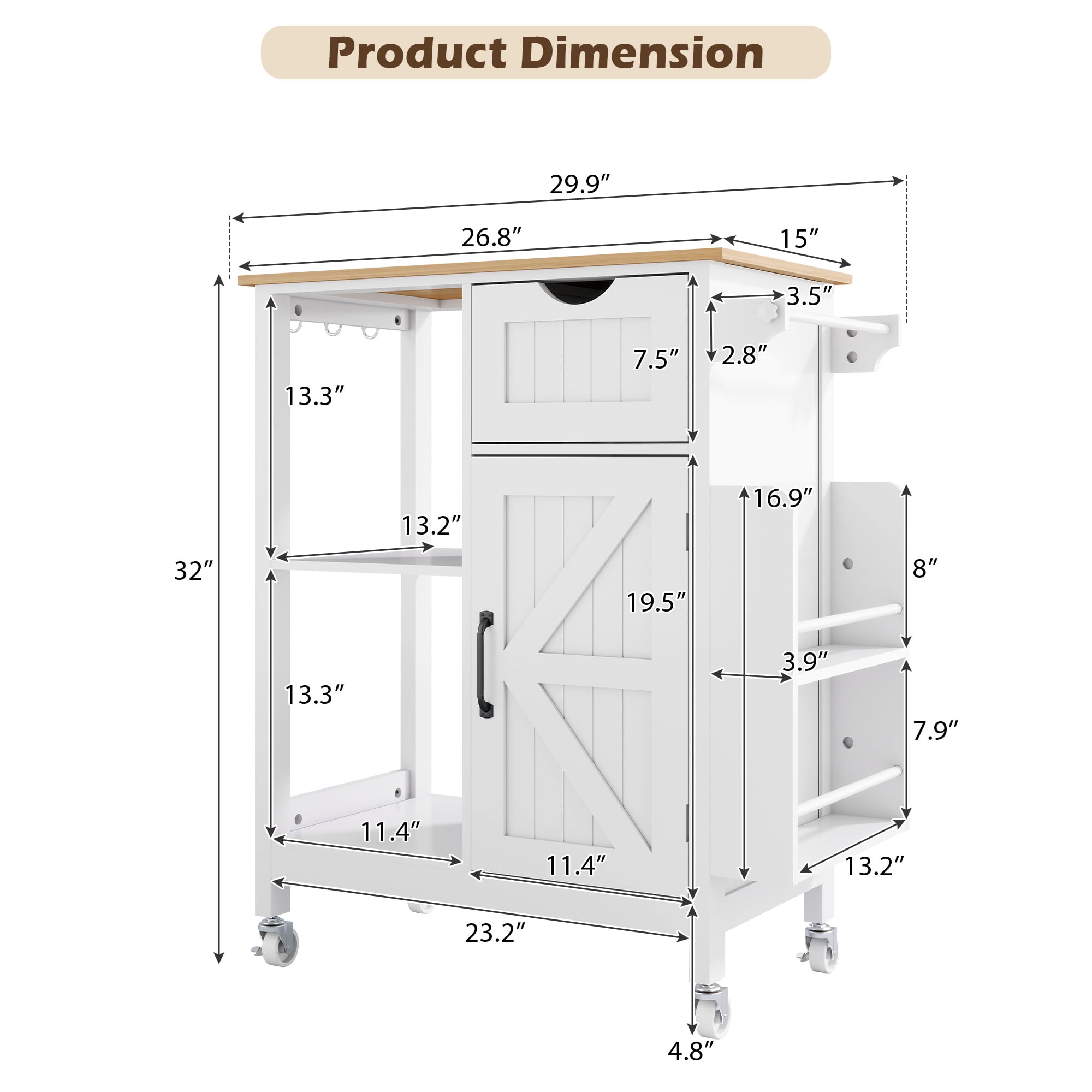 Kitchen Island Cart 33.86 Inch, Rolling Utility Table with Storage Cabinet and Spice Rack, Mobile Kitchen Organizer for Dining Room and Small Spaces, White