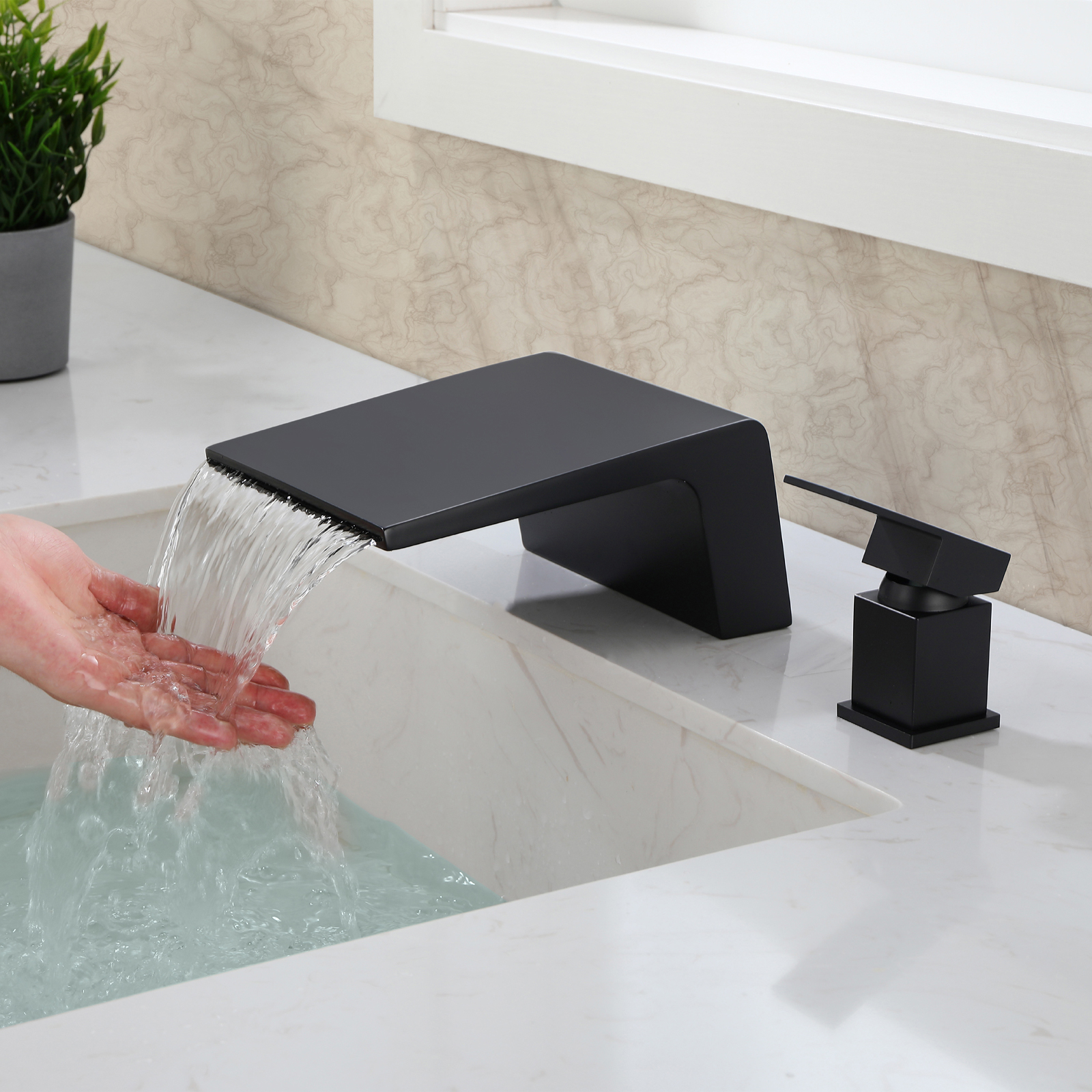 Cobbe Wide Waterfall Spout Modern Bathroom Sink Faucet Single Handle 2-Hole Mount Matte Black