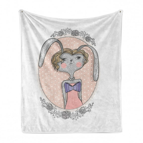 Flower Soft Flannel Fleece Throw Blanket, Vintage Portrait of Bunny in Oval Flowery Frame on PolkDotted Background, Cozy Plush for Indoor and Outdoor Use, 60" x 80", Multicolor, by Ambesonne