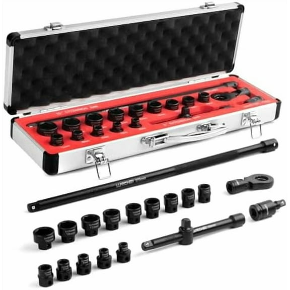 3/8" Nano Sockets, Drive Stubby Impact Socket Set, 19-Piece Long Flex Head Ratcheting Wrench Set Extension Bar(6"-15"), 6-19mm Metric Stubby Socket Set, Cr-Mo material
