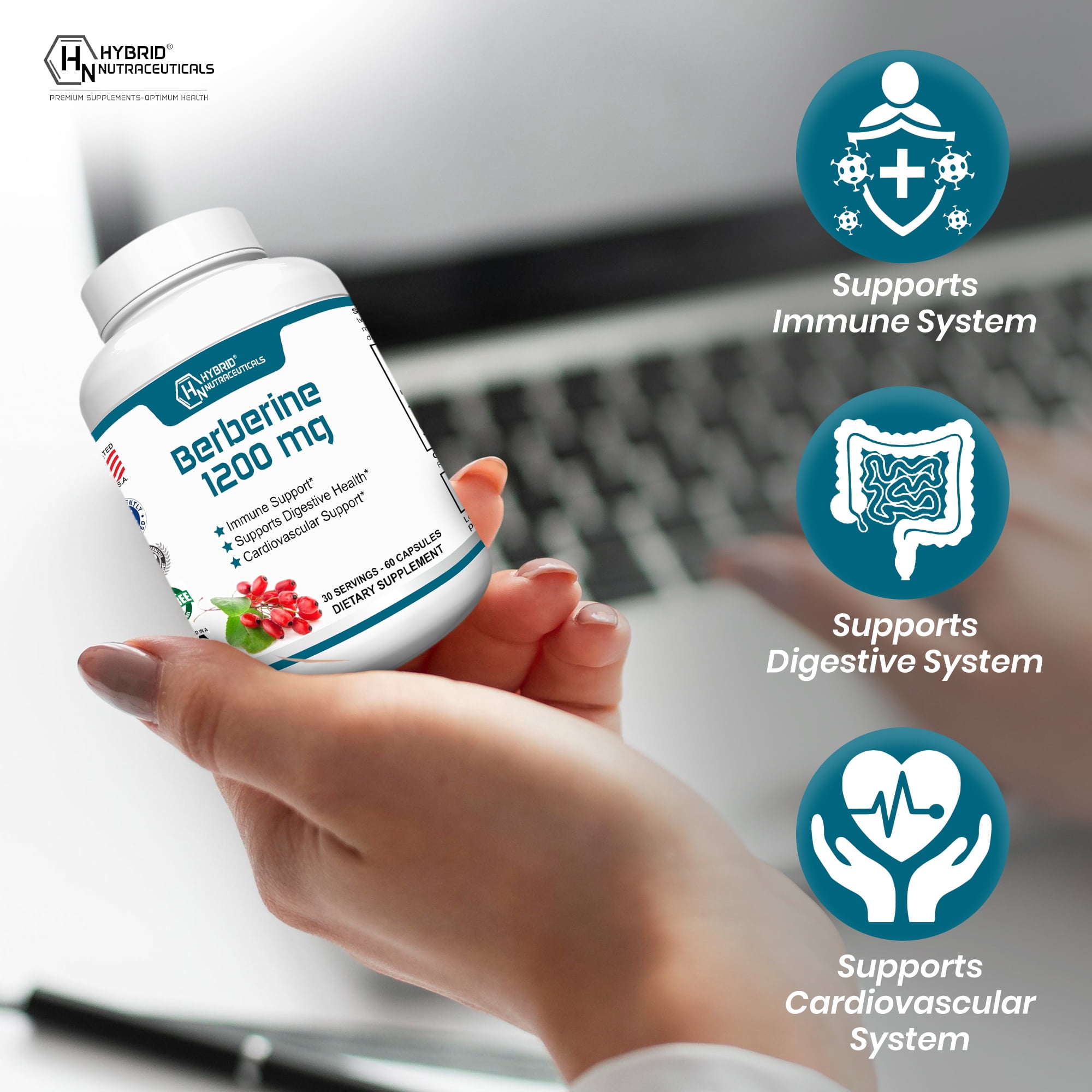 Hybrid Nutraceuticals Berberine 1200mg - Concentrated Berberine HCl Formula - Immune Support, Digestive Support, Healthy Weight - Gluten Free, 60 Capsules