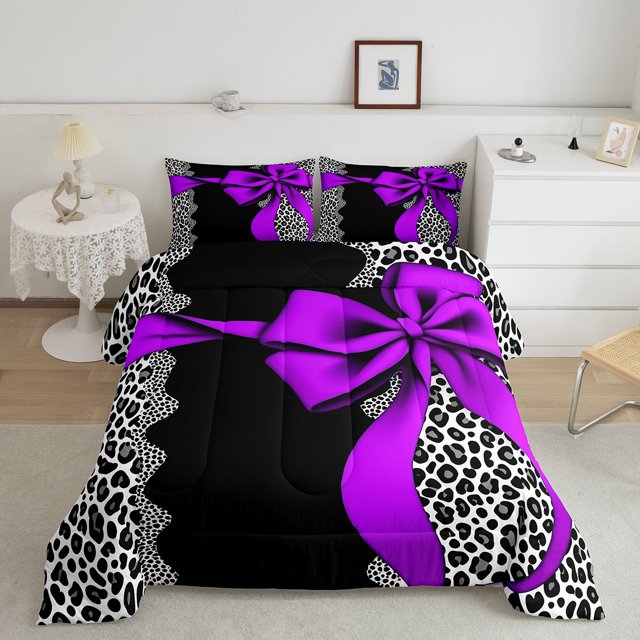 Erosebridal Cartoon Bow-tie Bedding King Comforter Set, Princess Ribbon Down Comforter, Black Cheetah Print Decor, Reversible