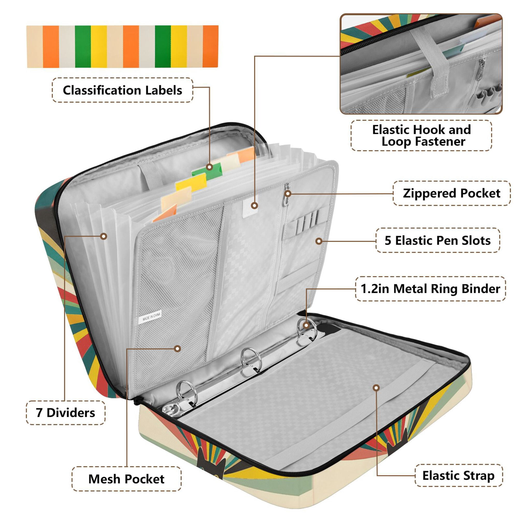 FORMRS Accordion File Folder A4 Size 7-Pocket Expanding Document Organizer Bag with 3 Ring Binder, Colorful Cat