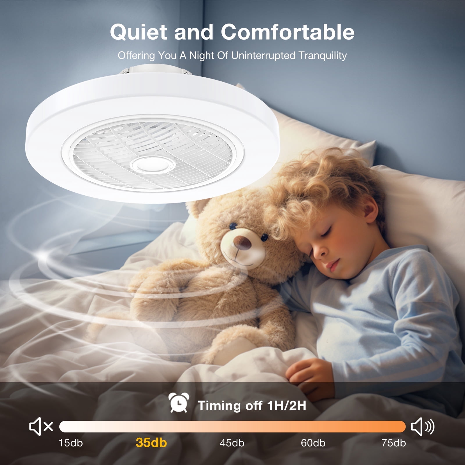 BLITZWILL 21in Ceiling Fan with Light, 6-Speed Reversible, Dimmable LED Timing with Remote & APP Control, Modern Bladeless Flush Mount Ceiling Fan, White