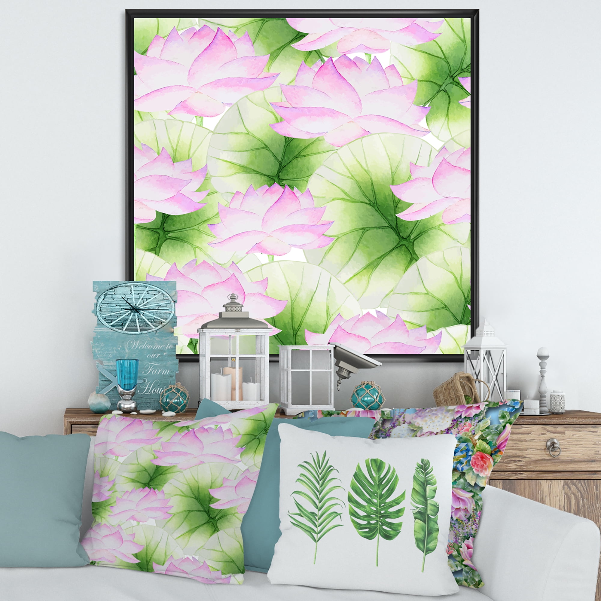 Designart 'Ancient Pink Lotuses In The Pond IX' Traditional Framed Canvas Wall Art Print