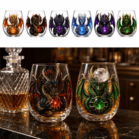 3D Mythic Dragon Glass Cup A Style Fantasy Crystal Orb Whiskey Glass, Dragon Shaped Art Glass with Magical Crystal Orb Effect, Premium Fantasy Drinkware for Home Bar Shelf Display