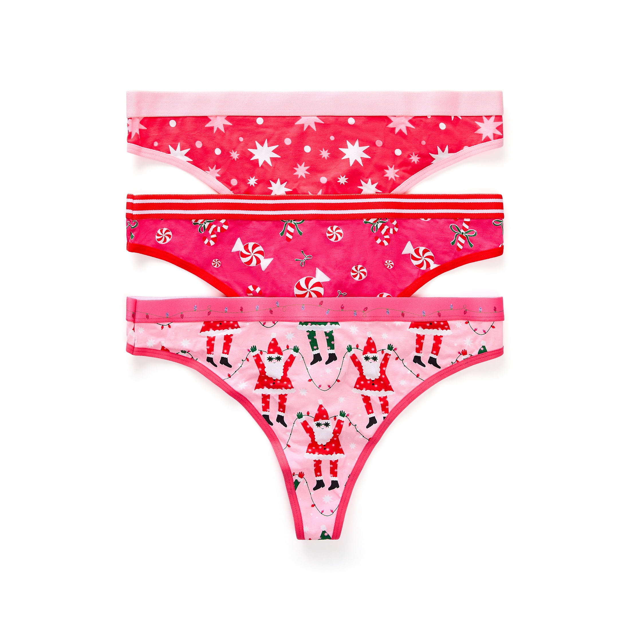 Packed Party Women's Candy Cane Giftable Christmas, 3-Pack, Thong Panties, Sizes S-XXL